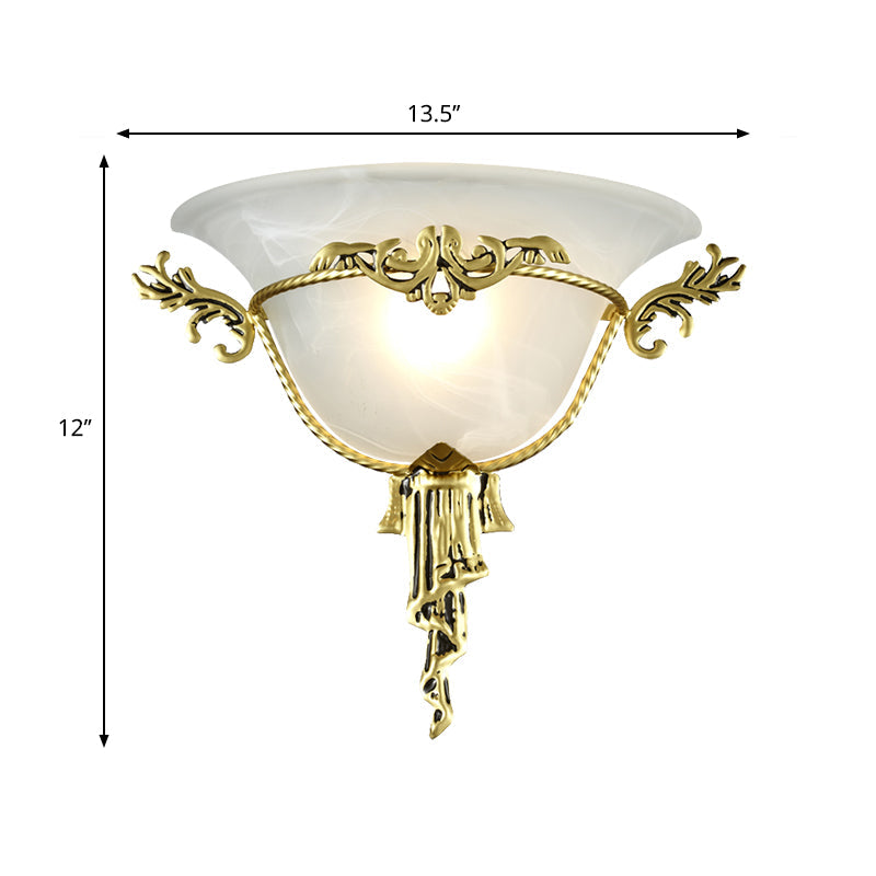 Colony Carved Sconce Wall Mounted Light Fixture In Copper/Brass With Flared Milky Glass Shade