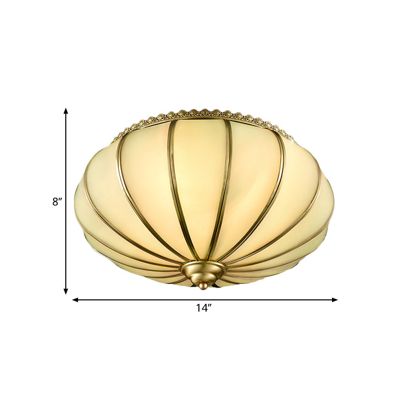 Retro White Glass Sphere Flush Mount Ceiling Light Fixture - 3 Brass Heads, Ideal for Bedroom - 14"/18" Wide