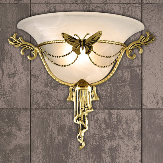 Trumpet Flare Milk Glass Sconce Light With Brass Butterfly Deco - Wall Mounted Lamp