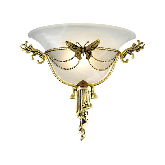 Trumpet Flare Milk Glass Sconce Light With Brass Butterfly Deco - Wall Mounted Lamp