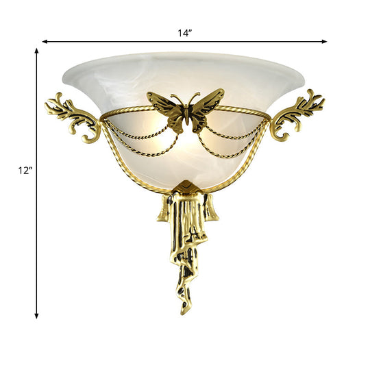 Trumpet Flare Milk Glass Sconce Light With Brass Butterfly Deco - Wall Mounted Lamp