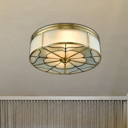 Milky Glass Ceiling Mounted Fixture: Colonial 3-Bulb Bedroom Flush Mount Lamp in Brass