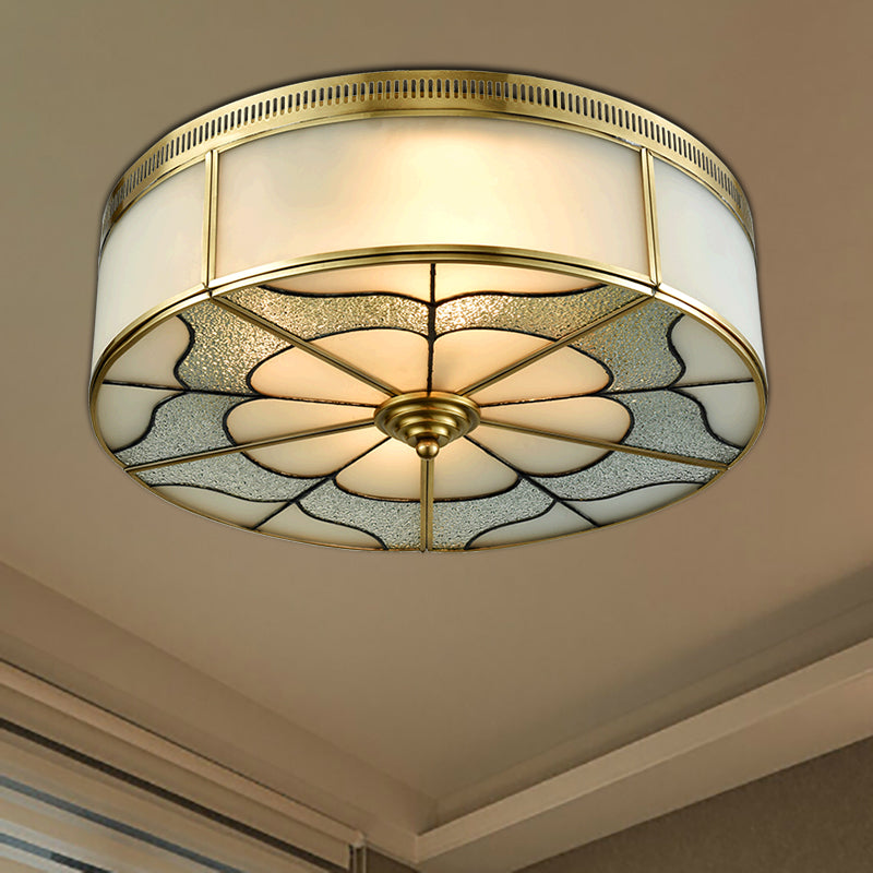 Milky Glass Ceiling Mounted Fixture: Colonial 3-Bulb Bedroom Flush Mount Lamp in Brass