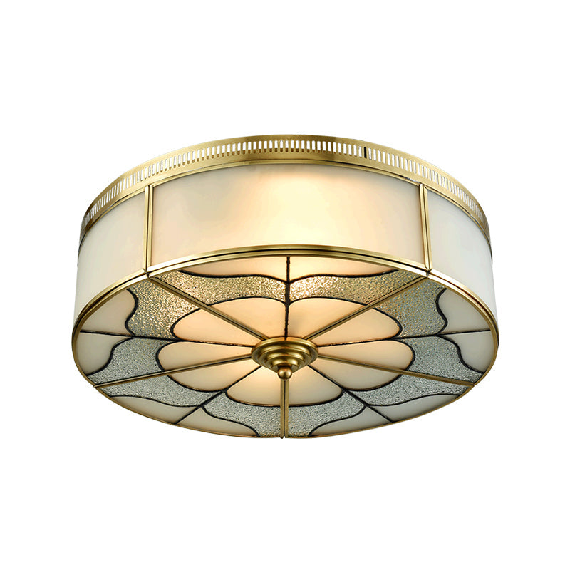 Milky Glass Ceiling Mounted Fixture: Colonial 3-Bulb Bedroom Flush Mount Lamp in Brass