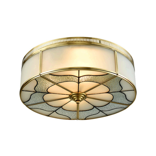 Milky Glass Ceiling Mounted Fixture: Colonial 3-Bulb Bedroom Flush Mount Lamp in Brass