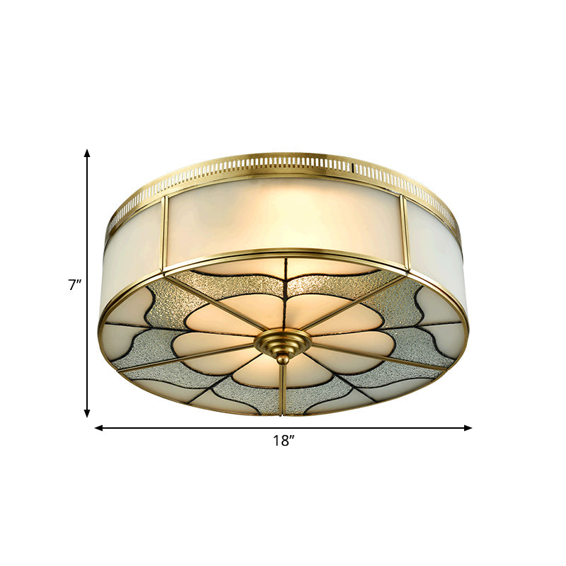 Milky Glass Ceiling Mounted Fixture: Colonial 3-Bulb Bedroom Flush Mount Lamp in Brass