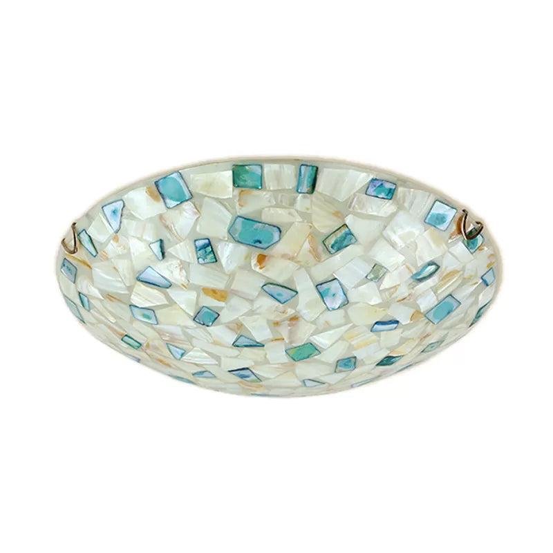 Vintage Mosaic Glass Bowl Ceiling Light Fixture - Beige/Blue 1 Bulb Flush Mount For Dining Room