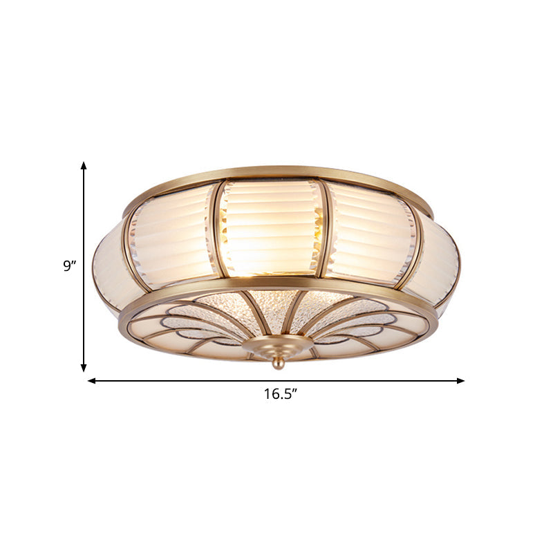 Colonial Cream Glass Drum Ceiling Lighting - 3/4 Heads Flush Mount Fixture Brass Finish 14/16.5