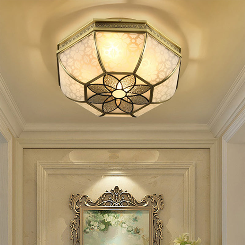 Brass Flush Mount Ceiling Light With Beveled Opaque Glass - 4 Bulbs For Bedroom