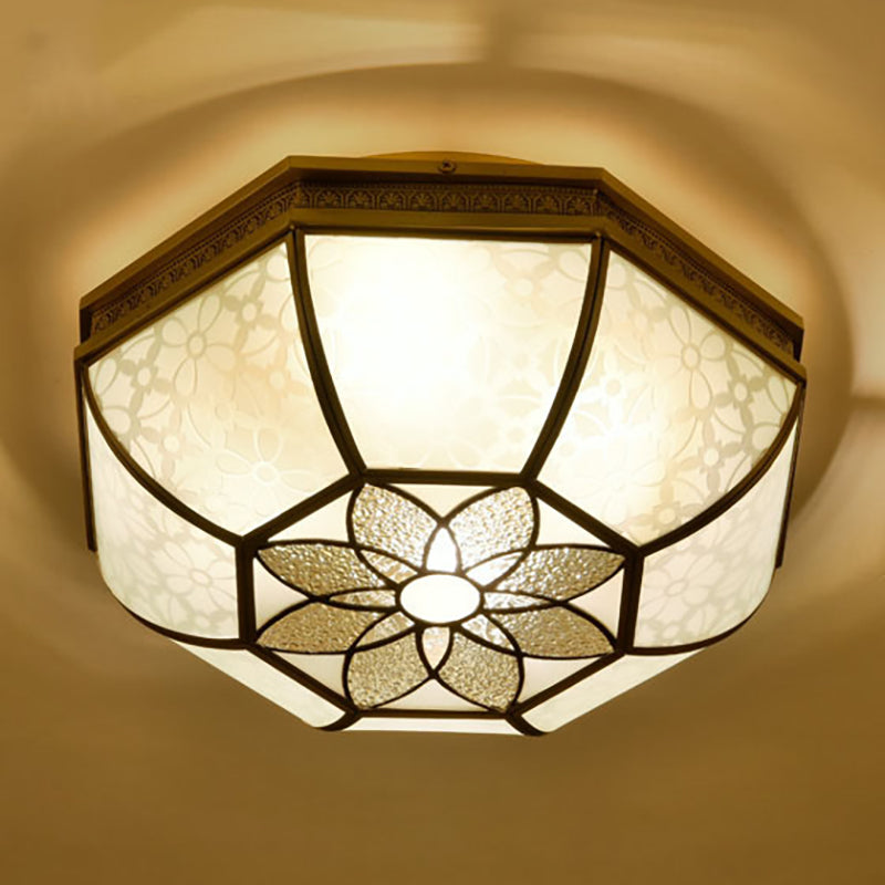 Colonial-Style Beveled Ceiling Mounted Light - 4-Bulb Opaque Glass Flush Mount Fixture in Brass for Bedrooms