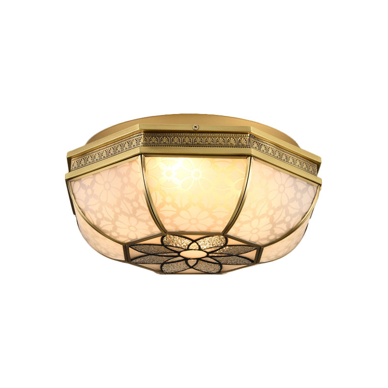 Colonial-Style Beveled Ceiling Mounted Light - 4-Bulb Opaque Glass Flush Mount Fixture in Brass for Bedrooms