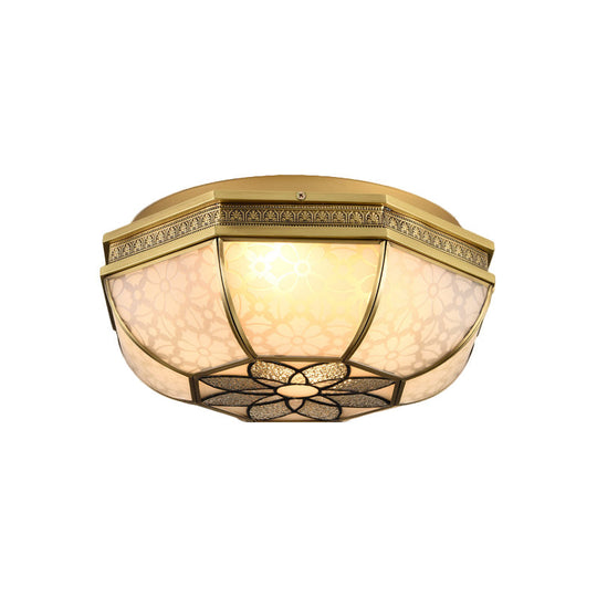 Colonial-Style Beveled Ceiling Mounted Light - 4-Bulb Opaque Glass Flush Mount Fixture In Brass For