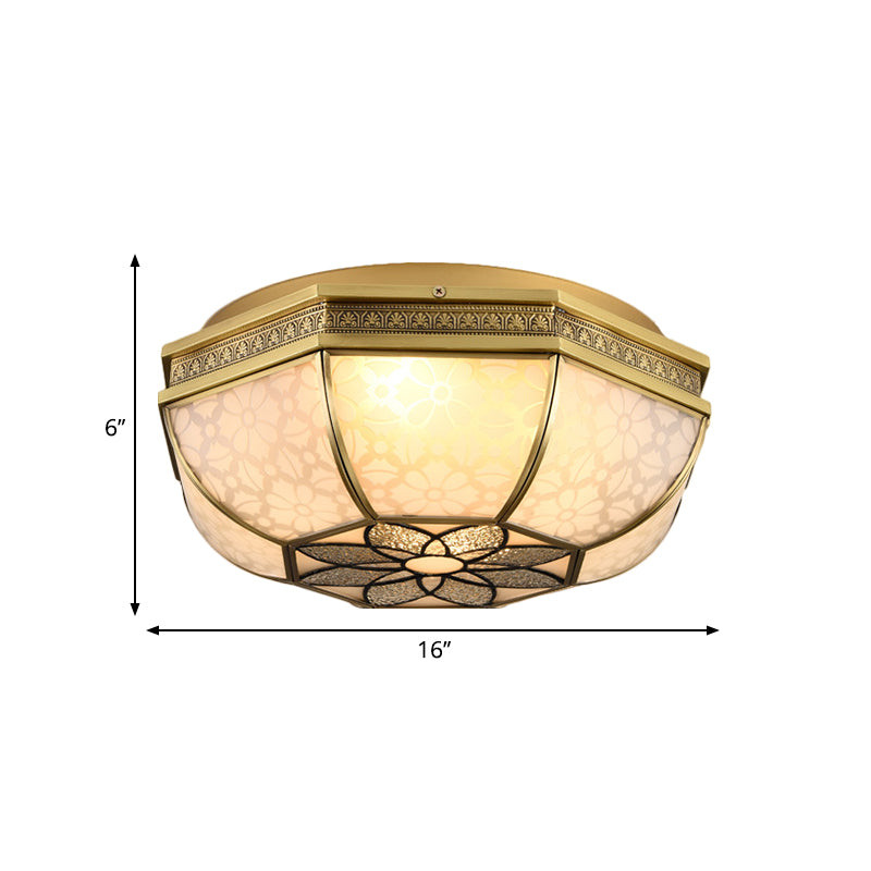 Colonial-Style Beveled Ceiling Mounted Light - 4-Bulb Opaque Glass Flush Mount Fixture in Brass for Bedrooms