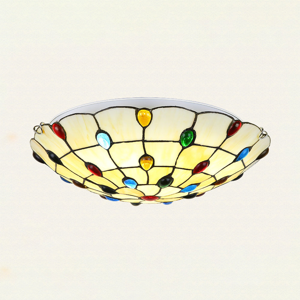 Vintage Stained Glass Flush Mount Ceiling Light - Beige Bowl Multiple Sizes Ideal For Living Room