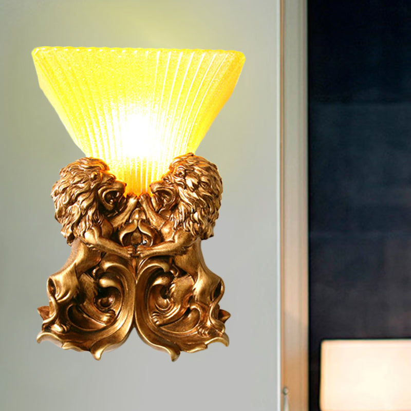 Vintage Flared Sconce Light With Yellow Ribbed Glass & Brass Finish Lion Detailing