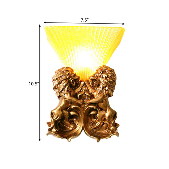 Vintage Flared Sconce Light With Yellow Ribbed Glass & Brass Finish Lion Detailing