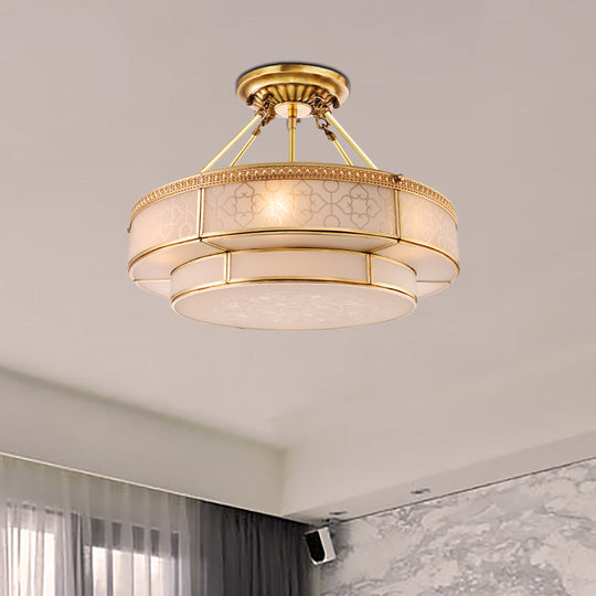 Brass Colonial Round Ceiling Mount Light Fixture - 3 Bulbs Round Semi Flush Chandelier with Milky Glass for Living Room