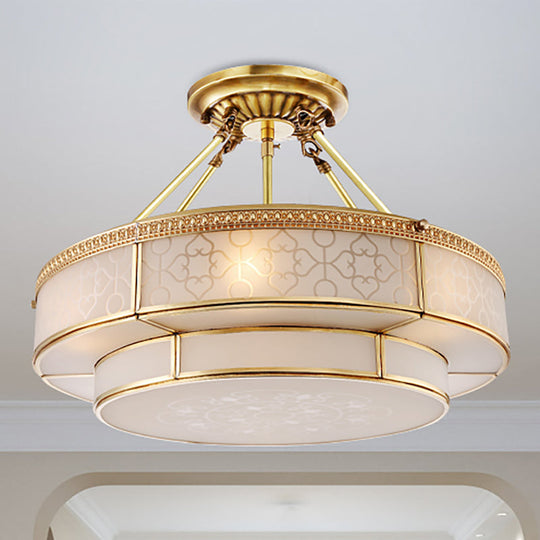 Brass Colonial Round Ceiling Mount Light Fixture - 3 Bulbs Round Semi Flush Chandelier with Milky Glass for Living Room