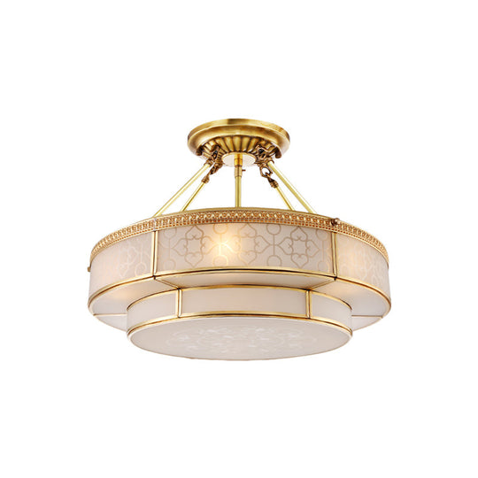 Brass Colonial Round Ceiling Mount Light Fixture - 3 Bulbs Round Semi Flush Chandelier with Milky Glass for Living Room