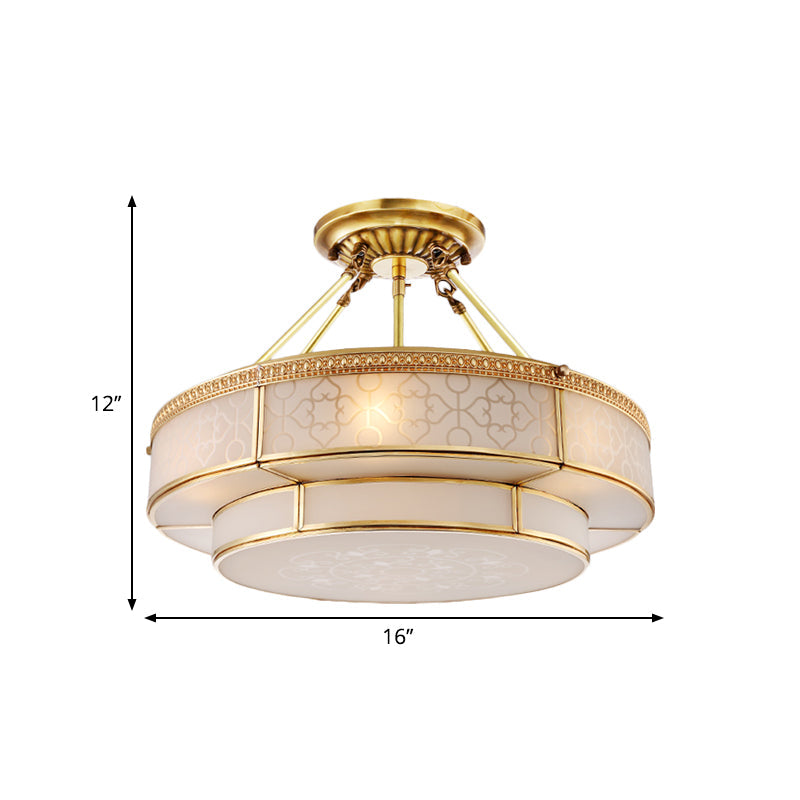 Brass Colonial Round Ceiling Mount Light Fixture - 3 Bulbs Round Semi Flush Chandelier with Milky Glass for Living Room