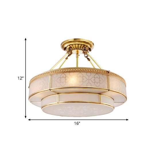 Brass Colonial Round Ceiling Mount Light Fixture - 3 Bulbs Round Semi Flush Chandelier with Milky Glass for Living Room