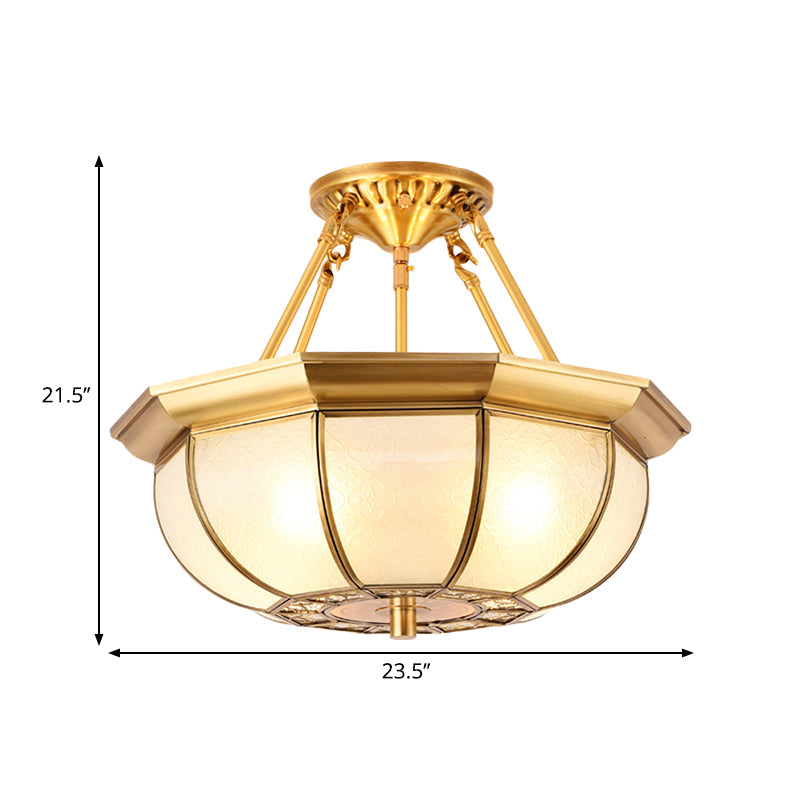 Colonial Oval Ceiling Light Fixture with Cream Glass and Brass Semi-Mount Lighting - Ideal for Bedroom (3/4/6 Bulbs, 14"/18"/23.5" W)