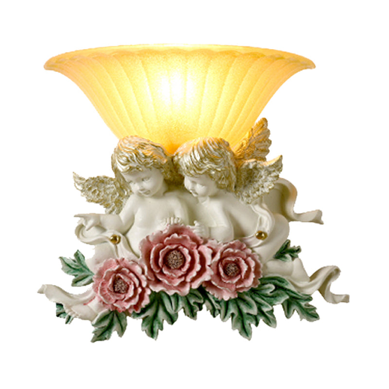 Retro Flared Frosted Glass Wall Lamp - 1-Light Yellow Sconce With Pink/Beige Rose Detail