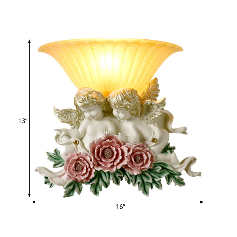 Retro Flared Frosted Glass Wall Lamp - 1-Light Yellow Sconce With Pink/Beige Rose Detail