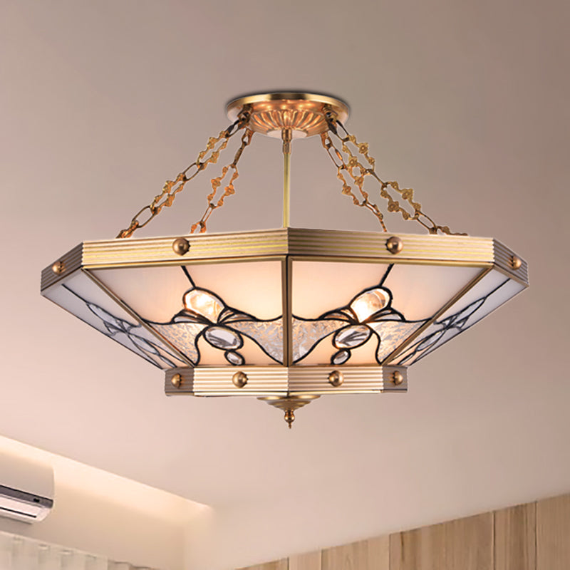 Brass Semi-Flush Ceiling Light With Beveled Frosted Glass - 4 Lights Bedroom Chandelier 16/19.5 W