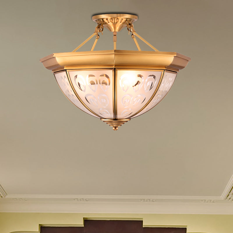 Colonial Dome Ceiling Light Fixture - Opal Glass Semi Flush Chandelier In Brass 15/19 3/4 Bulbs