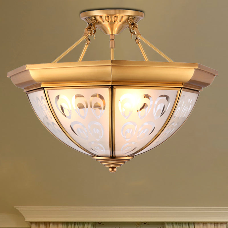 Colonial Dome Ceiling Light Fixture - Opal Glass Semi Flush Chandelier In Brass 15/19 3/4 Bulbs