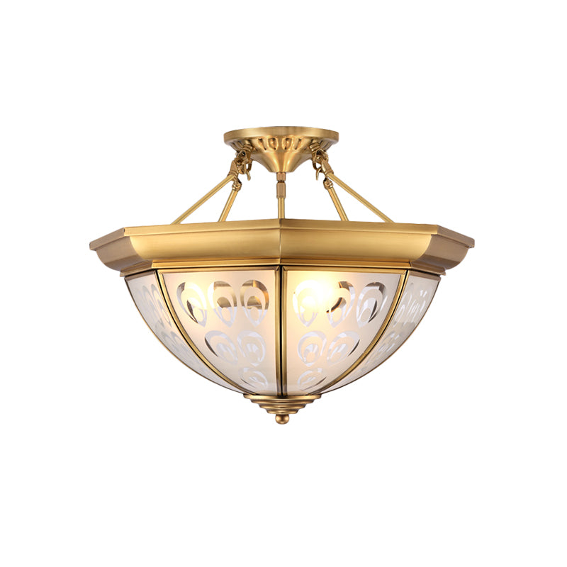 Colonial Dome Ceiling Light Fixture - Opal Glass Semi Flush Chandelier In Brass 15/19 3/4 Bulbs