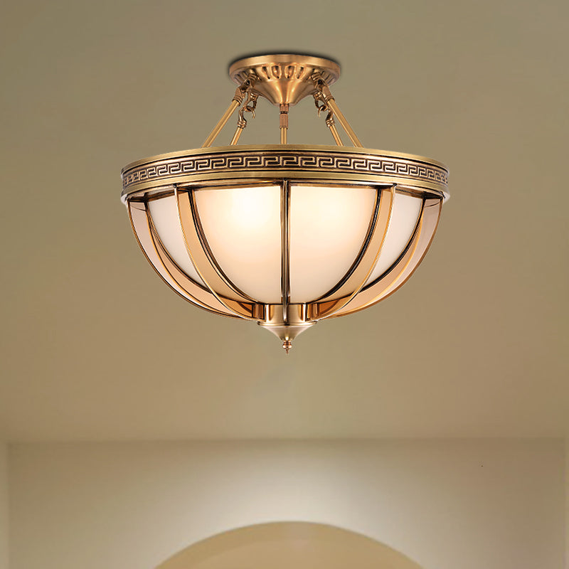 Ivory Glass Bowl Ceiling Lighting Colonial Semi Flush Mount - 16.5"/20.5" W - Brass - 3/4 Heads - Living Room Light Fixture