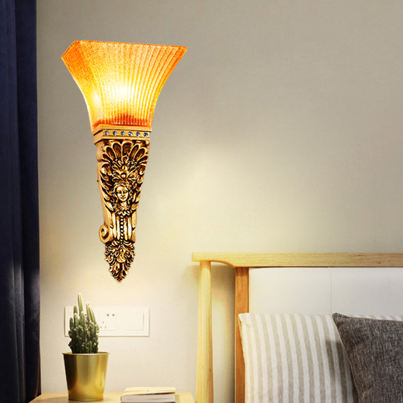 Amber Glass Torch Sconce Light: Colonial Style With Gold Finish Wall Mount Single Bulb Ribbed Design