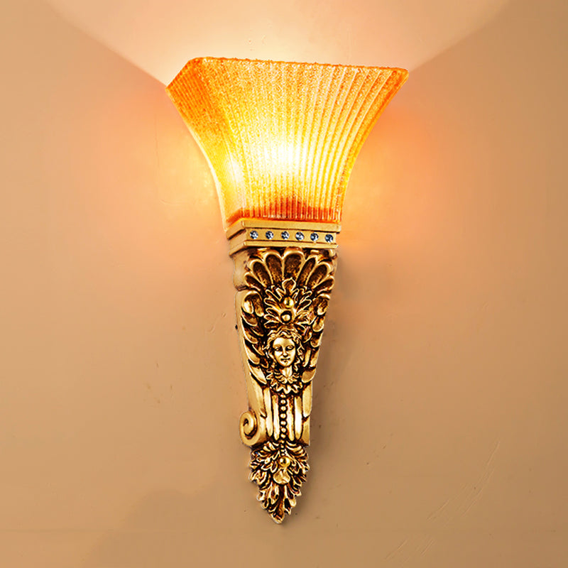 Amber Glass Torch Sconce Light: Colonial Style With Gold Finish Wall Mount Single Bulb Ribbed Design