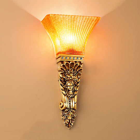 Amber Glass Torch Sconce Light: Colonial Style With Gold Finish Wall Mount Single Bulb Ribbed Design