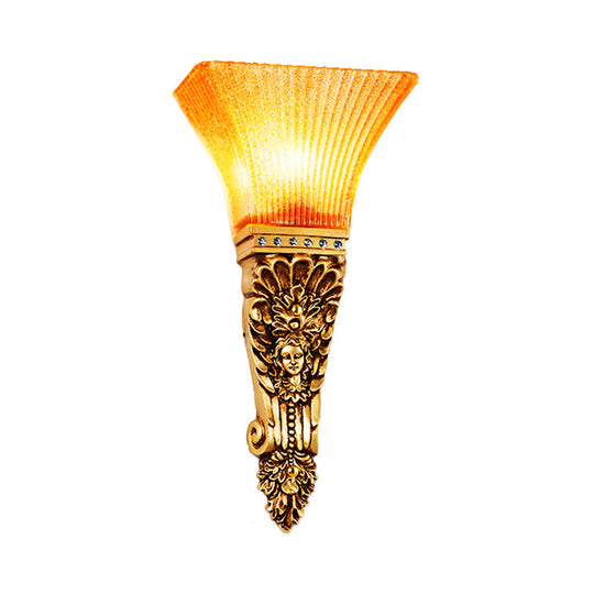 Amber Glass Torch Sconce Light: Colonial Style With Gold Finish Wall Mount Single Bulb Ribbed Design