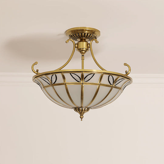 Brass 3-Head Colonial Semi Flush Light with Sandblasted Glass Dome - Porch Ceiling Fixture