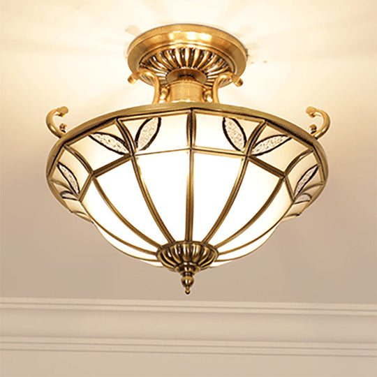 Brass 3-Head Colonial Semi Flush Light with Sandblasted Glass Dome - Porch Ceiling Fixture