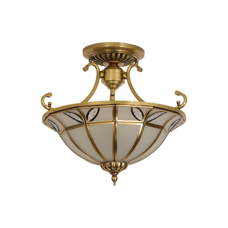 Brass 3-Head Colonial Semi Flush Light with Sandblasted Glass Dome - Porch Ceiling Fixture