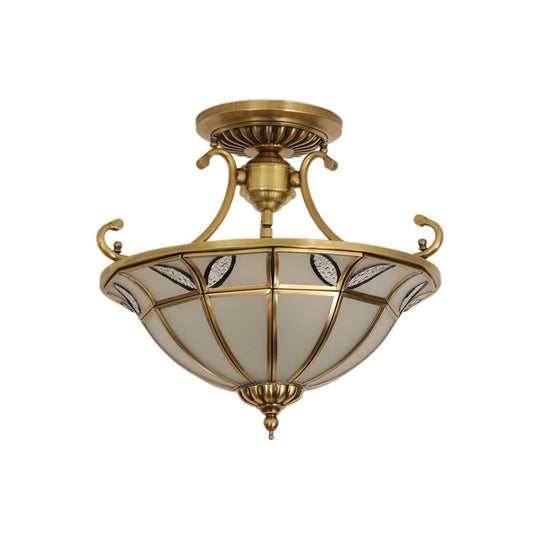 Brass 3-Head Colonial Semi Flush Light with Sandblasted Glass Dome - Porch Ceiling Fixture