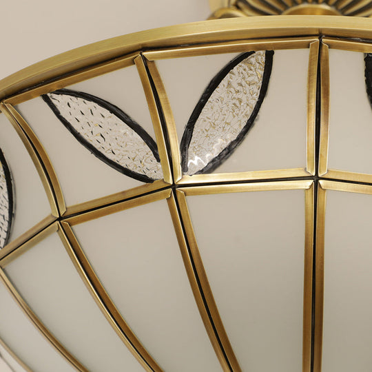 Brass 3-Head Colonial Semi Flush Light with Sandblasted Glass Dome - Porch Ceiling Fixture