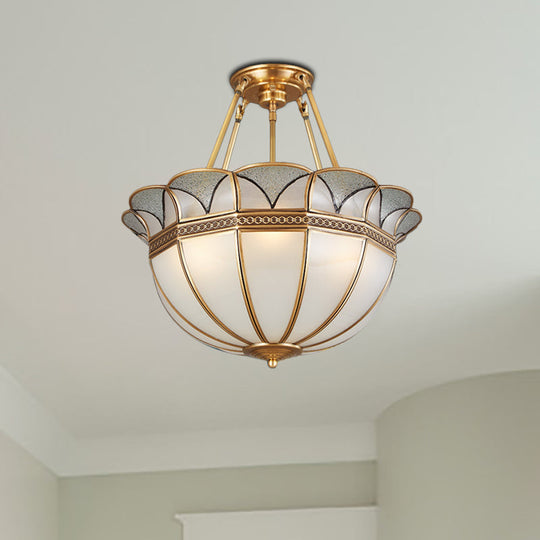 Colonial Glass 4-Bulb Semi Flush Mount Ceiling Light with Brass Accents for Living Room