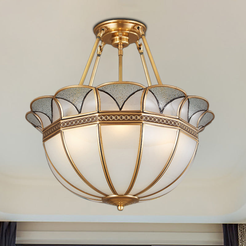 Colonial Glass 4-Bulb Semi Flush Mount Ceiling Light with Brass Accents for Living Room