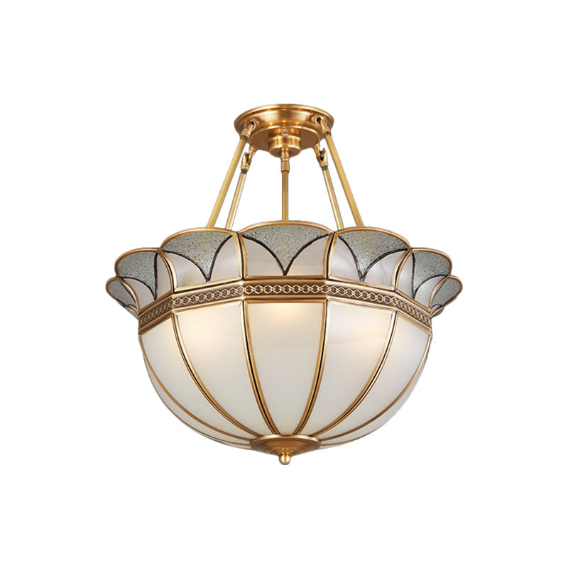 Colonial Glass 4-Bulb Semi Flush Mount Ceiling Light with Brass Accents for Living Room