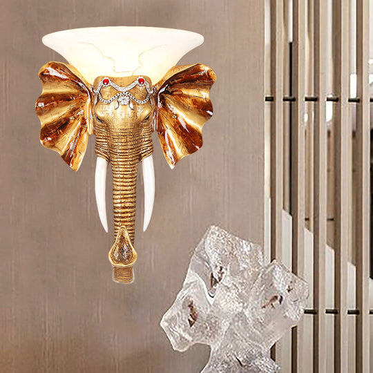 Gold Resin Elephant Wall Sconce - 1 Bulb Colonial Flush Mount Lighting In 12.5/17 Sizes