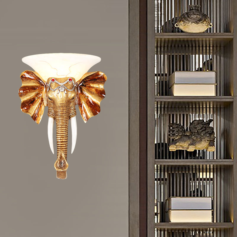 Gold Resin Elephant Wall Sconce - 1 Bulb Colonial Flush Mount Lighting In 12.5/17 Sizes