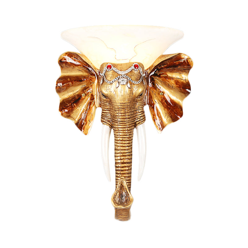 Gold Resin Elephant Wall Sconce - 1 Bulb Colonial Flush Mount Lighting In 12.5/17 Sizes