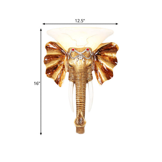 Gold Resin Elephant Wall Sconce - 1 Bulb Colonial Flush Mount Lighting In 12.5/17 Sizes