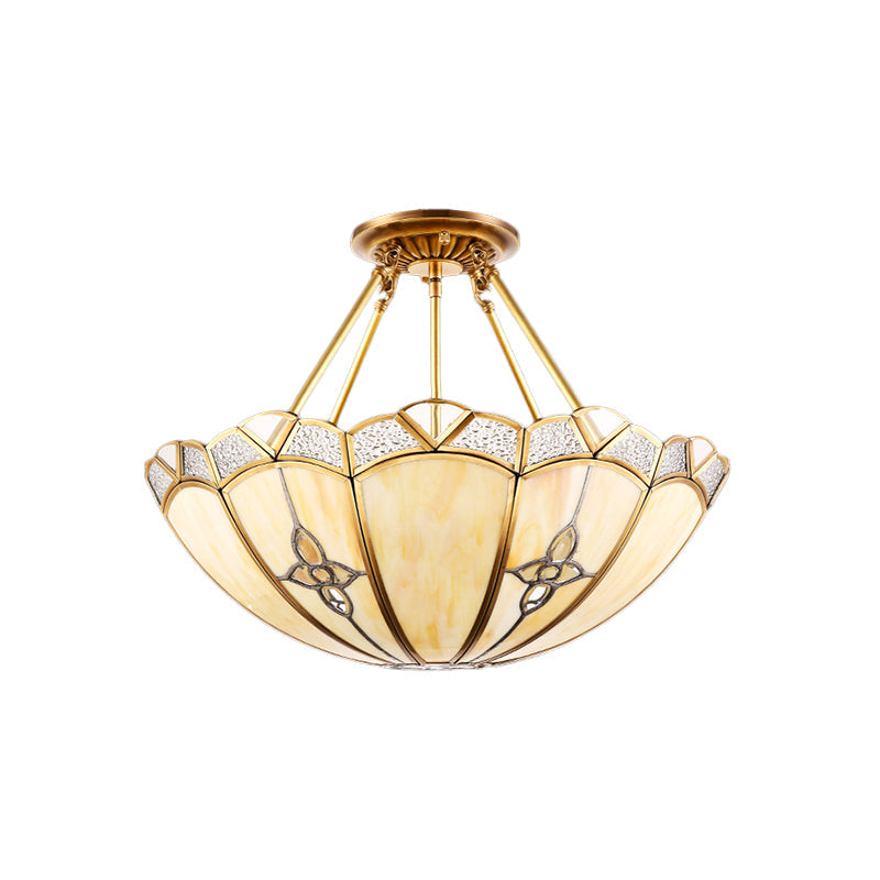 Semi-Flush Mount Colonial Bedroom Light Fixture - 4 Bulbs, Frosted Glass, Brass Finish, Close to Ceiling Lighting - 18"/19.5" W Dome